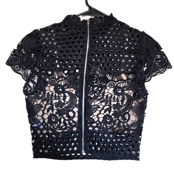 FOREVER 21 Women's Black Holes & Lace Overlay Crop Top + Cream Bralette Small - Picture 2 of 3